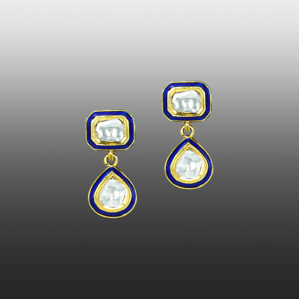 Square and Teardrop Polki Earrings with Blue Meena